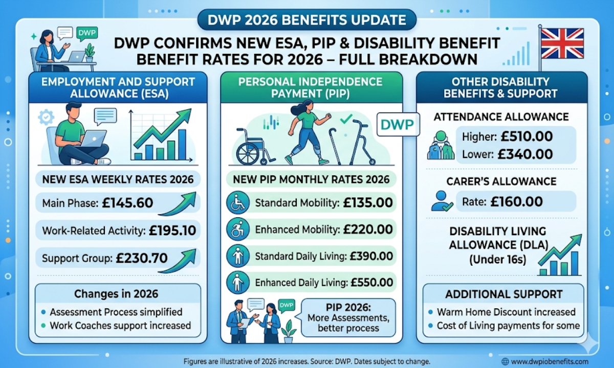 DWP Confirms New ESA, PIP and Disability Benefit Rates for 2026 – Full Breakdown