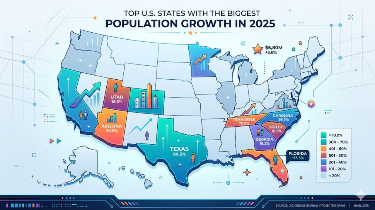 Top U.S. States With the Biggest Population Growth in 2025 (Map)