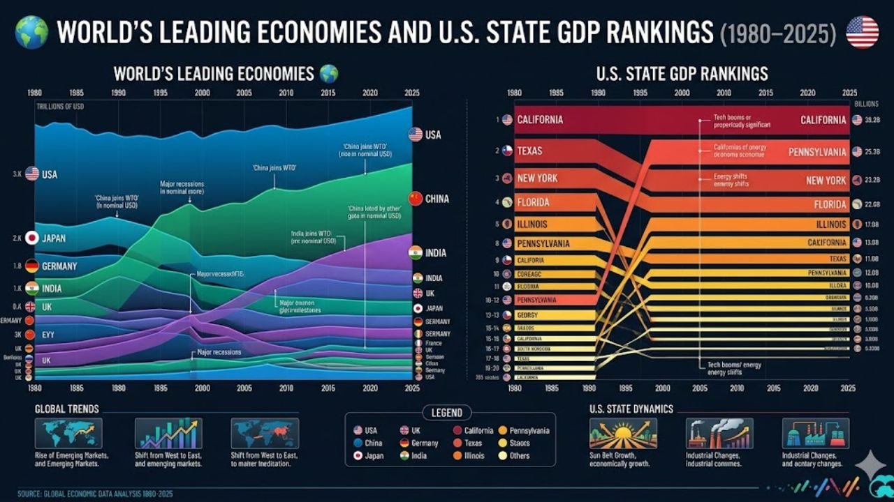 World’s Leading Economies and U.S. State GDP Rankings (1980–2025)